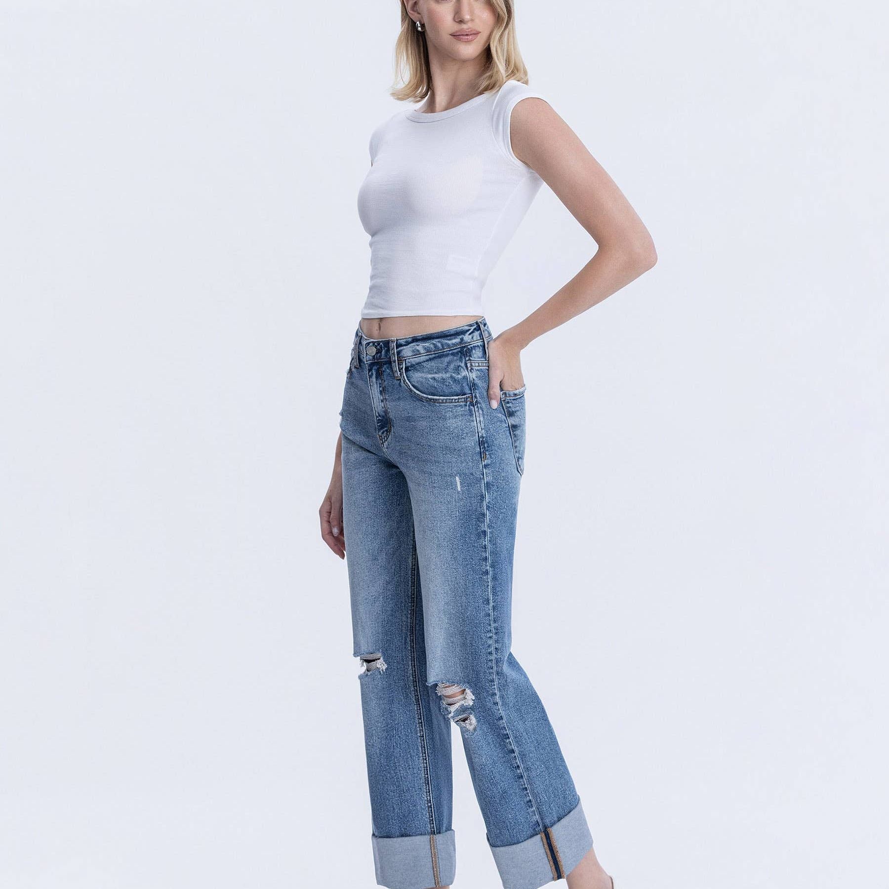 SUPER HIGH RISE DOUBLE CUFFED BAGGY WIDE JEANS