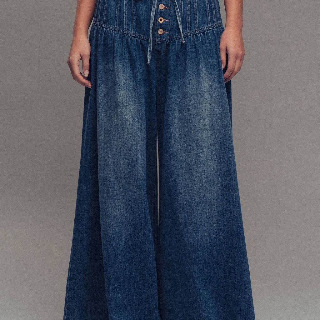 Pleated Wide-Leg Button Closure Pants