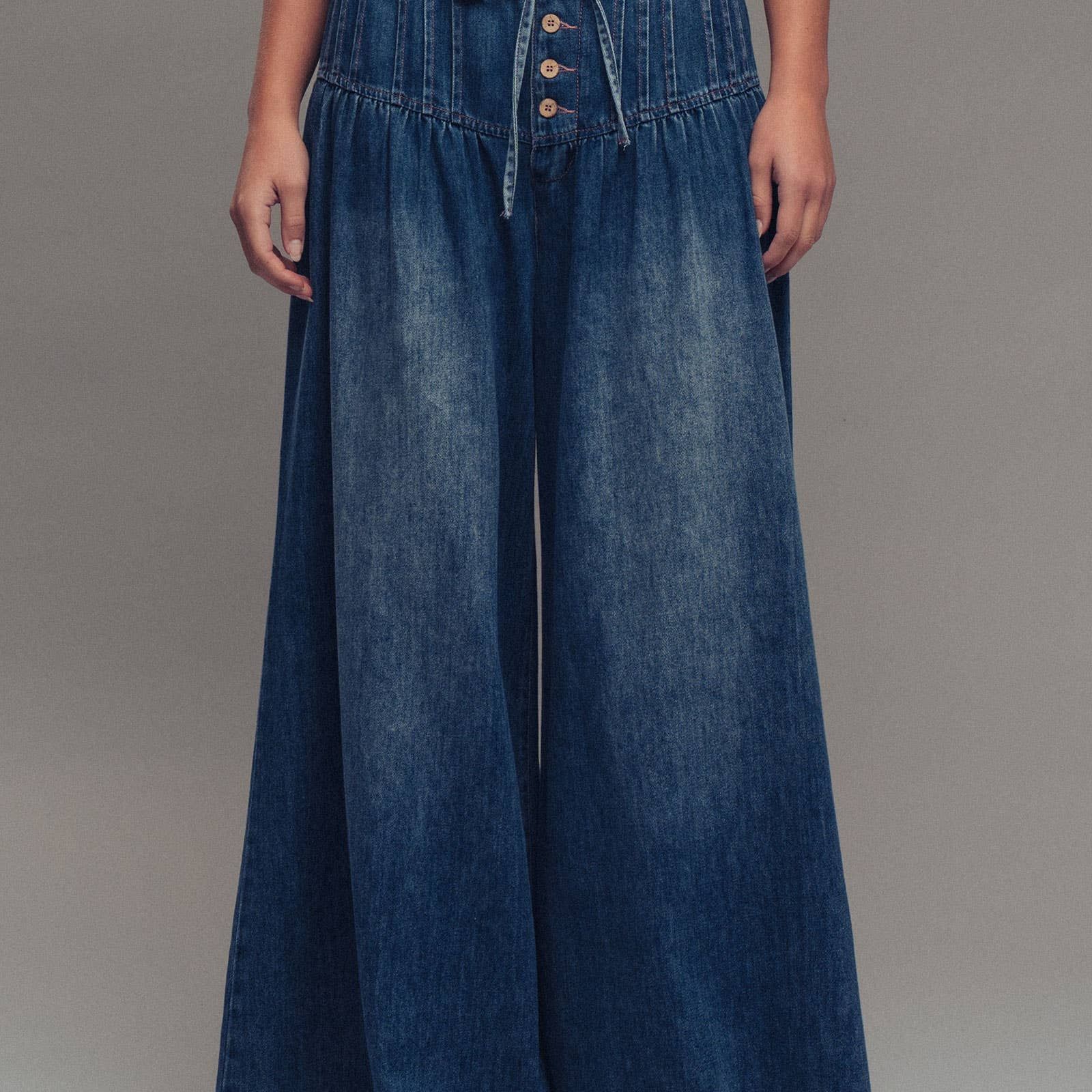 Pleated Wide-Leg Button Closure Pants