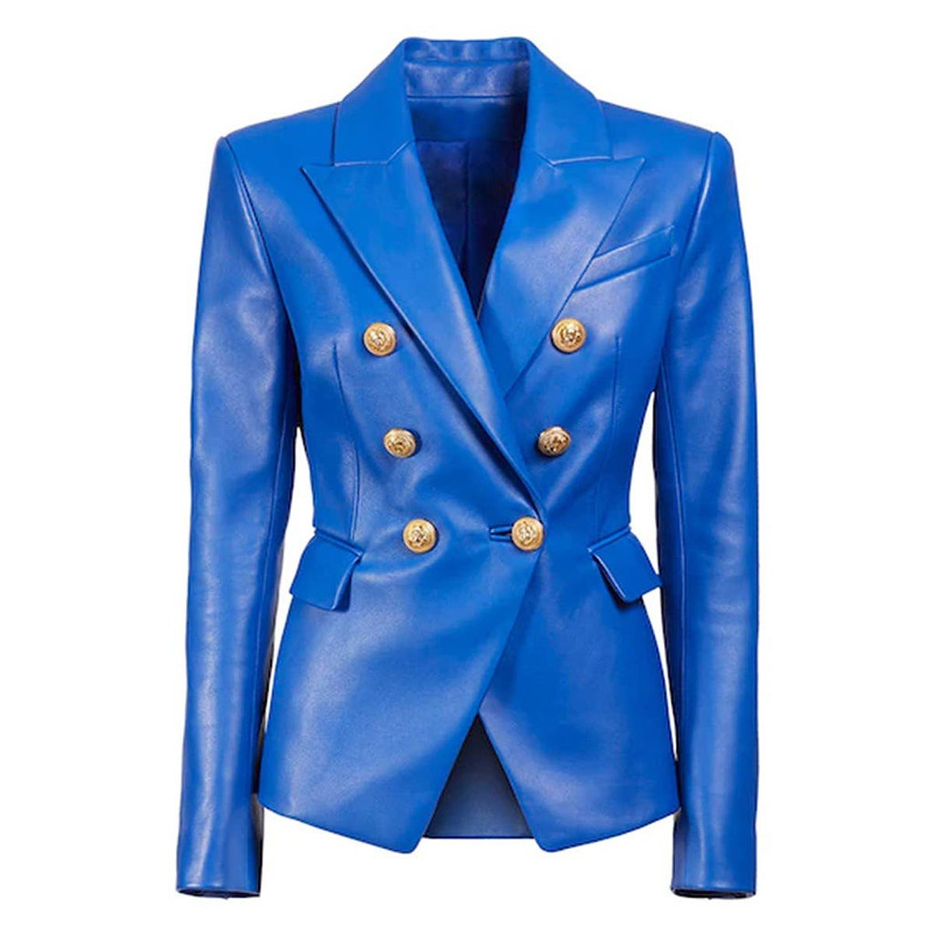 Women Vivid Blue Faux Leather Slim Fit Blazer