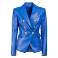 Women Vivid Blue Faux Leather Slim Fit Blazer