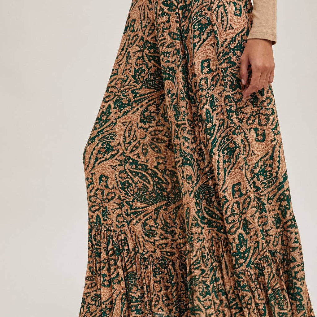 PAISLEY PRINT WIDE RUFFLED PANTS