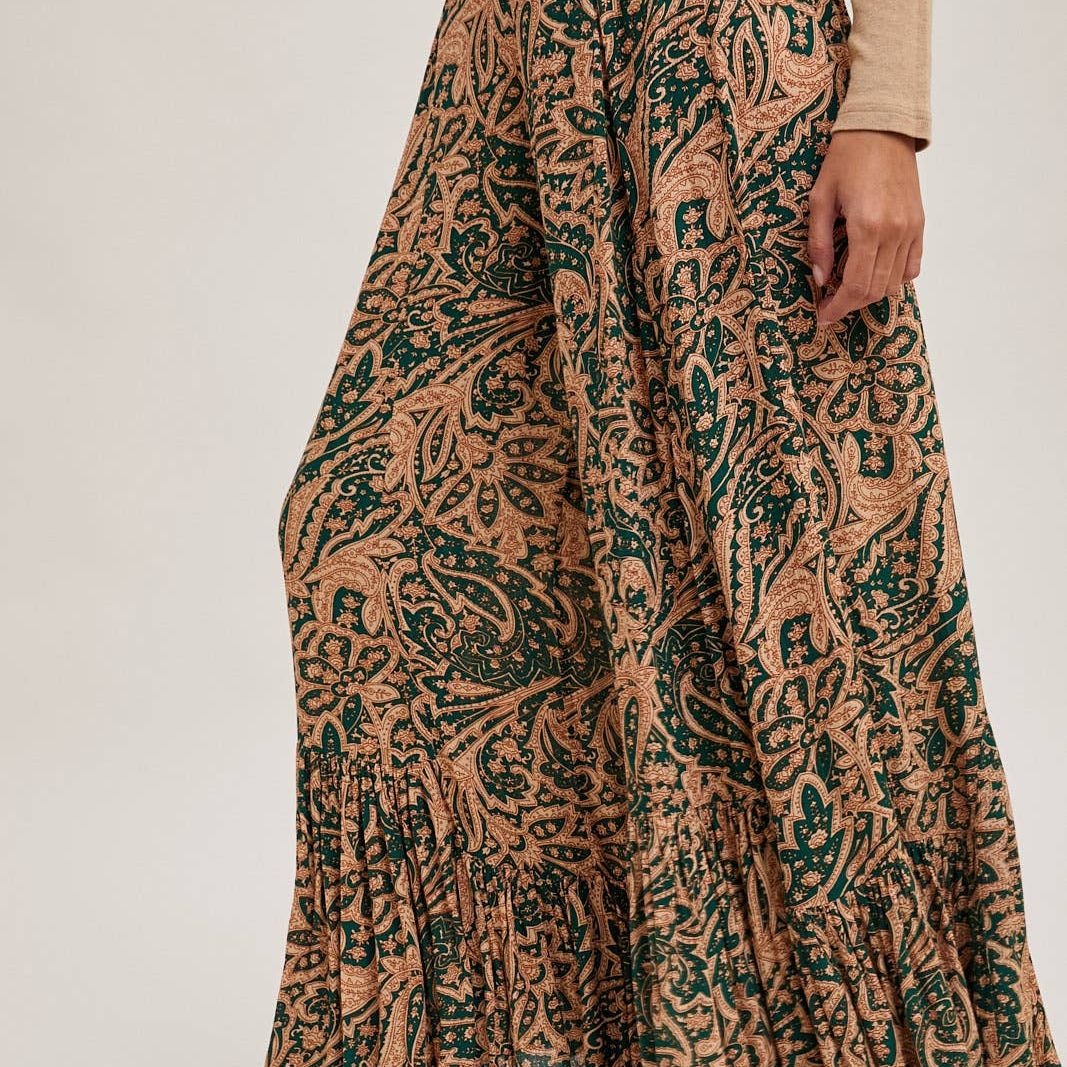 PAISLEY PRINT WIDE RUFFLED PANTS