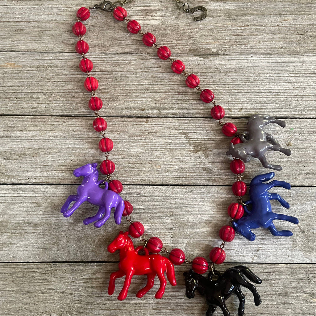 Pony Horse Club Necklace on Red Beads