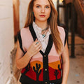 Western Cowboy Sunset Button Down Knit Sleevelss Sweater