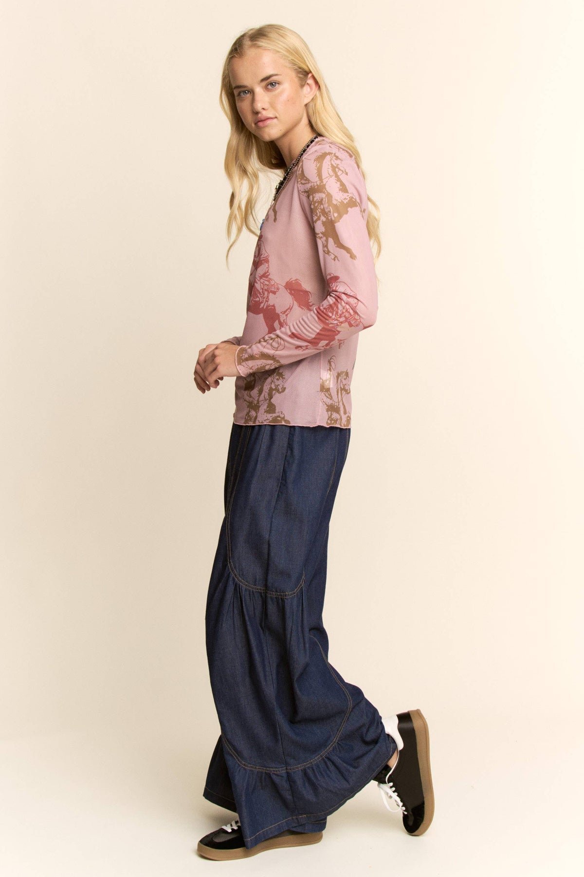 Western Horse Print Mesh Long Sleeve Top