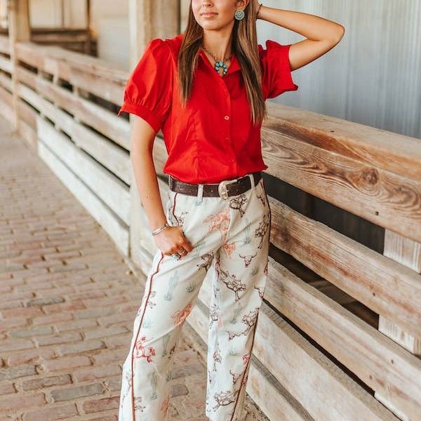 Cream Western Printed Mid Rise Barrel Jeans (28in)
