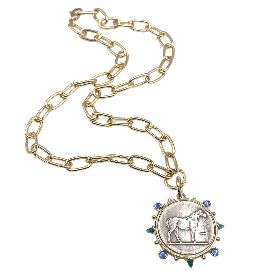 Equestrian horse coin medallion western emerald sapphire  