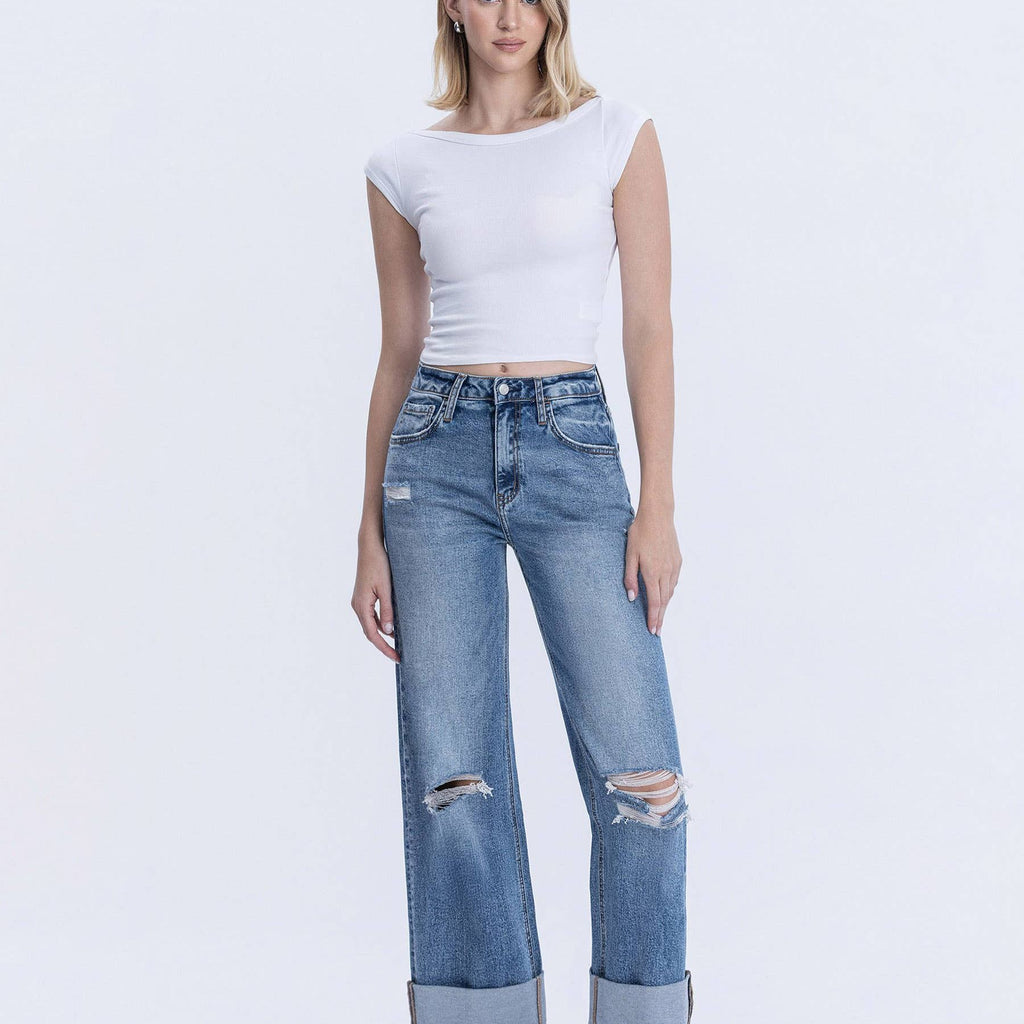 SUPER HIGH RISE DOUBLE CUFFED BAGGY WIDE JEANS