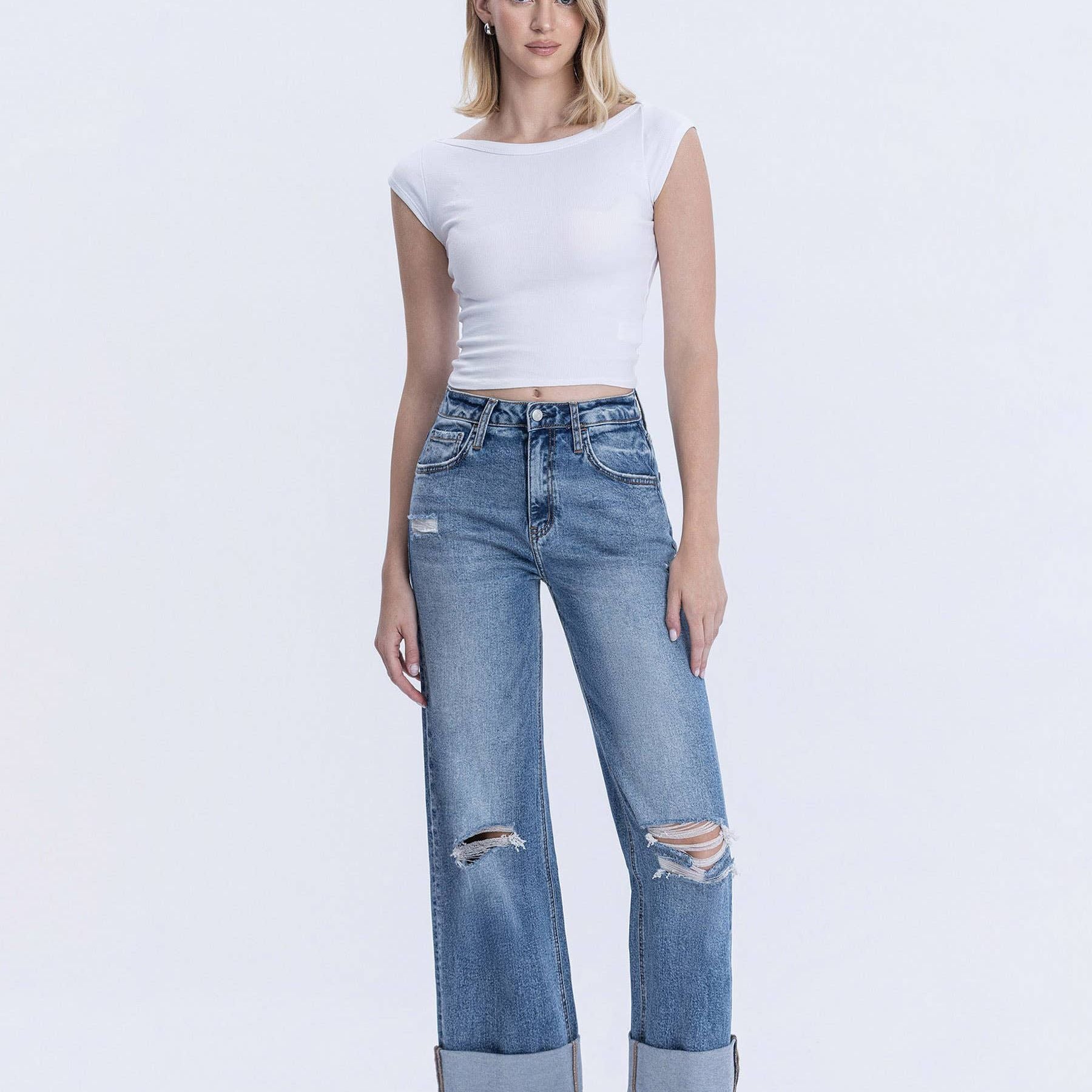 SUPER HIGH RISE DOUBLE CUFFED BAGGY WIDE JEANS