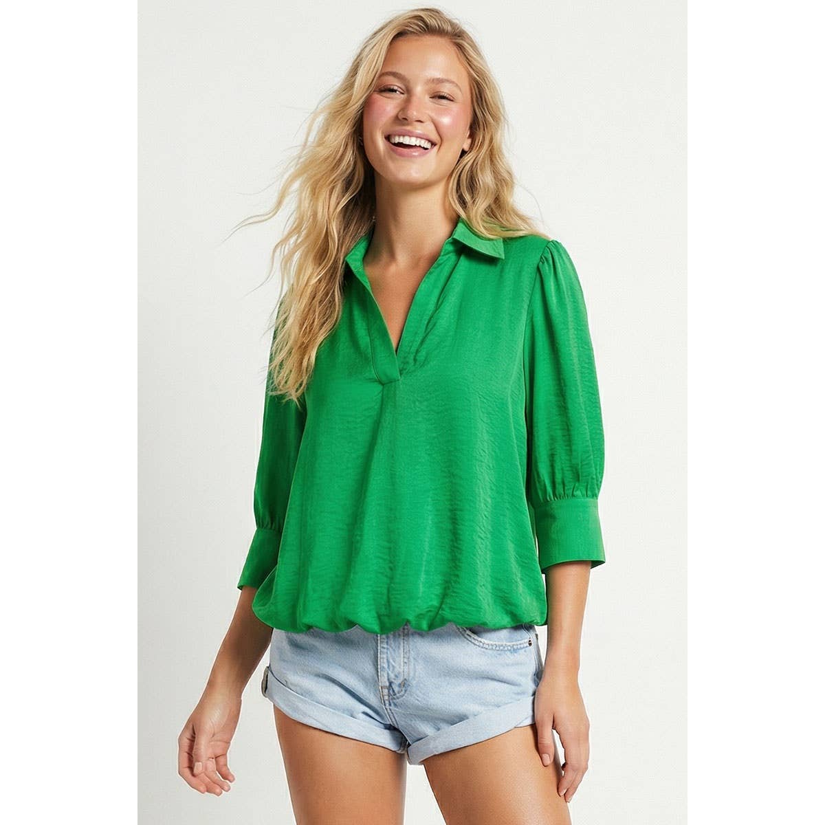 Naked Zebra high-low bubble-hem blouse on model