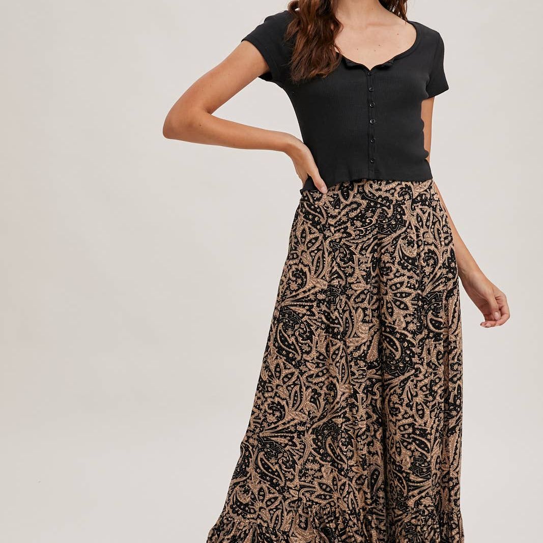 PAISLEY PRINT WIDE RUFFLED PANTS