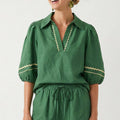 Contrast Trim Puff Sleeve Linen Blouse