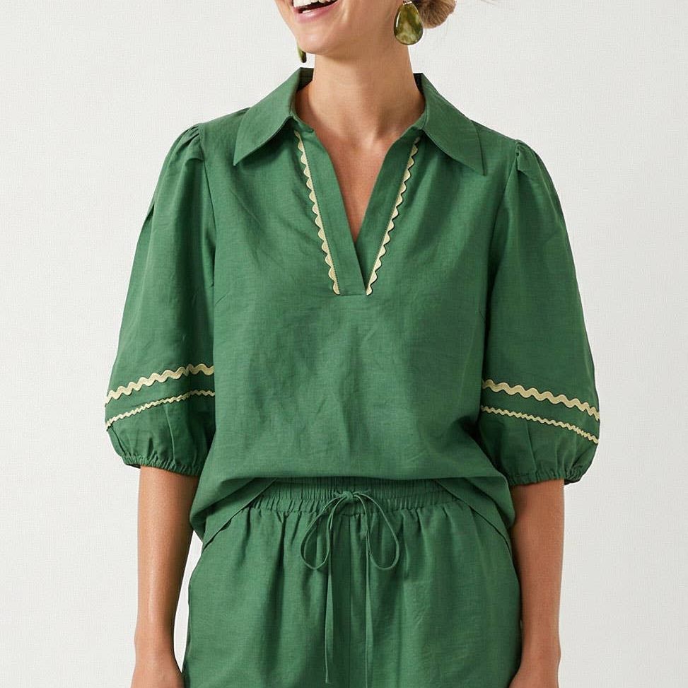 Contrast Trim Puff Sleeve Linen Blouse