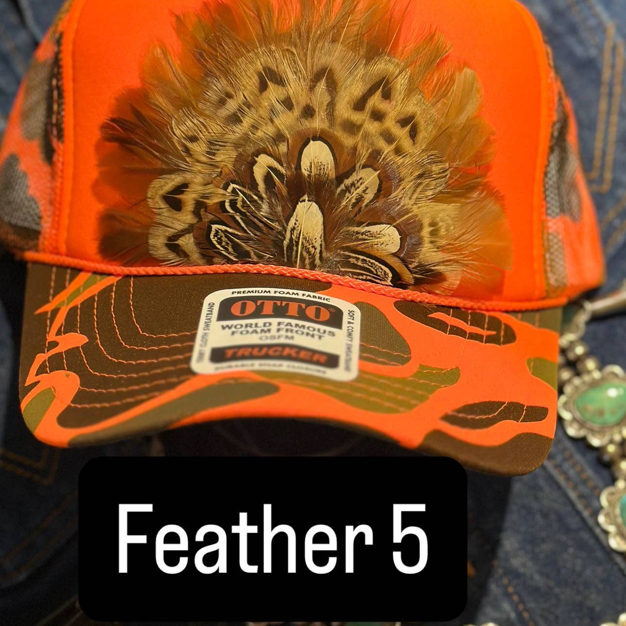 ORANGE CAMO CAMOUFLAGE FEATHER TRUCKER HAT