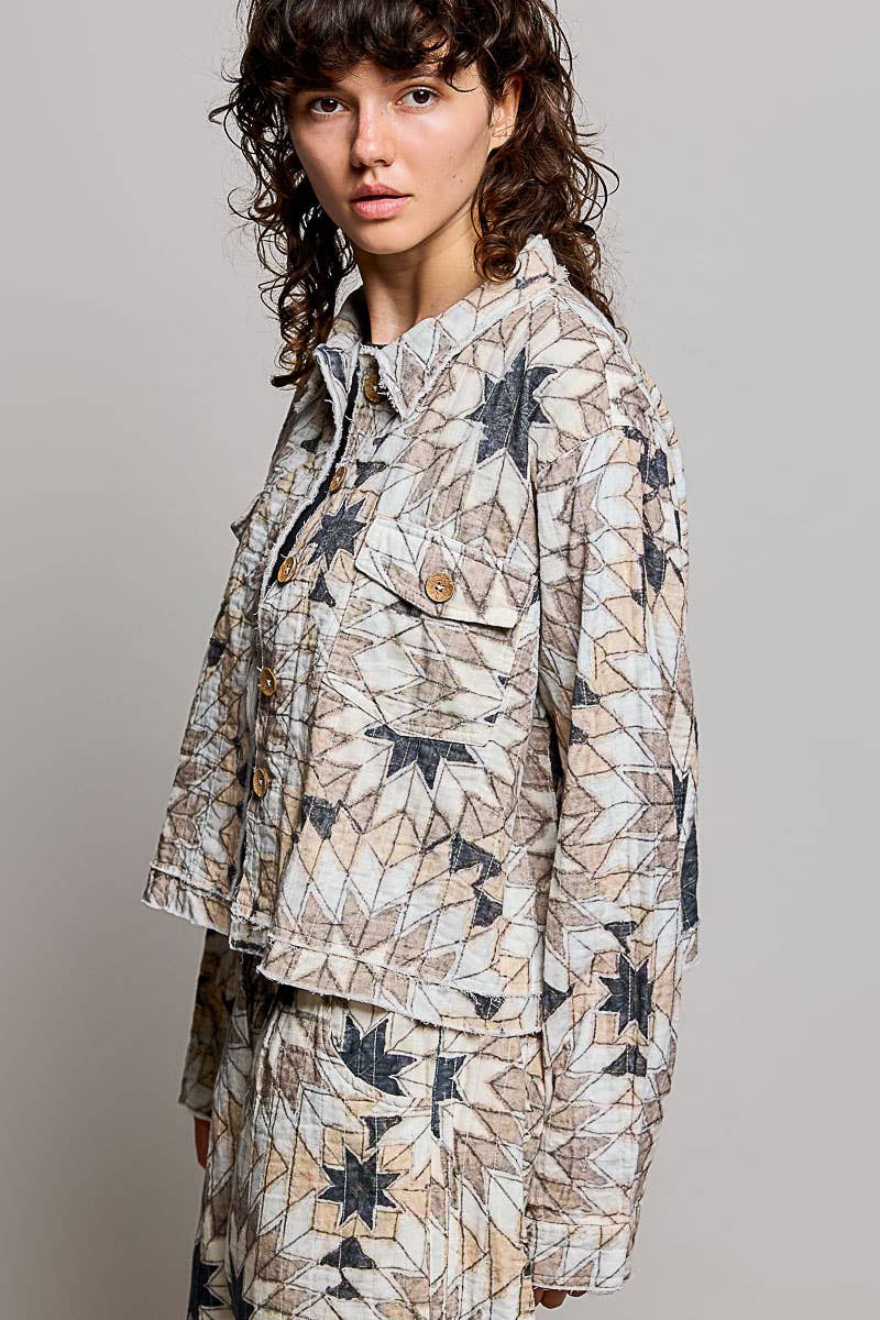 Geometric Star Wide Long Sleeve Quilted Stitch Woven Jacket
