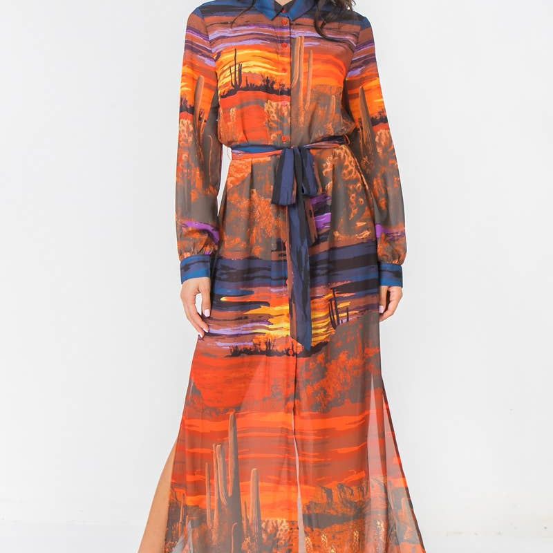 A printed woven shirt dress