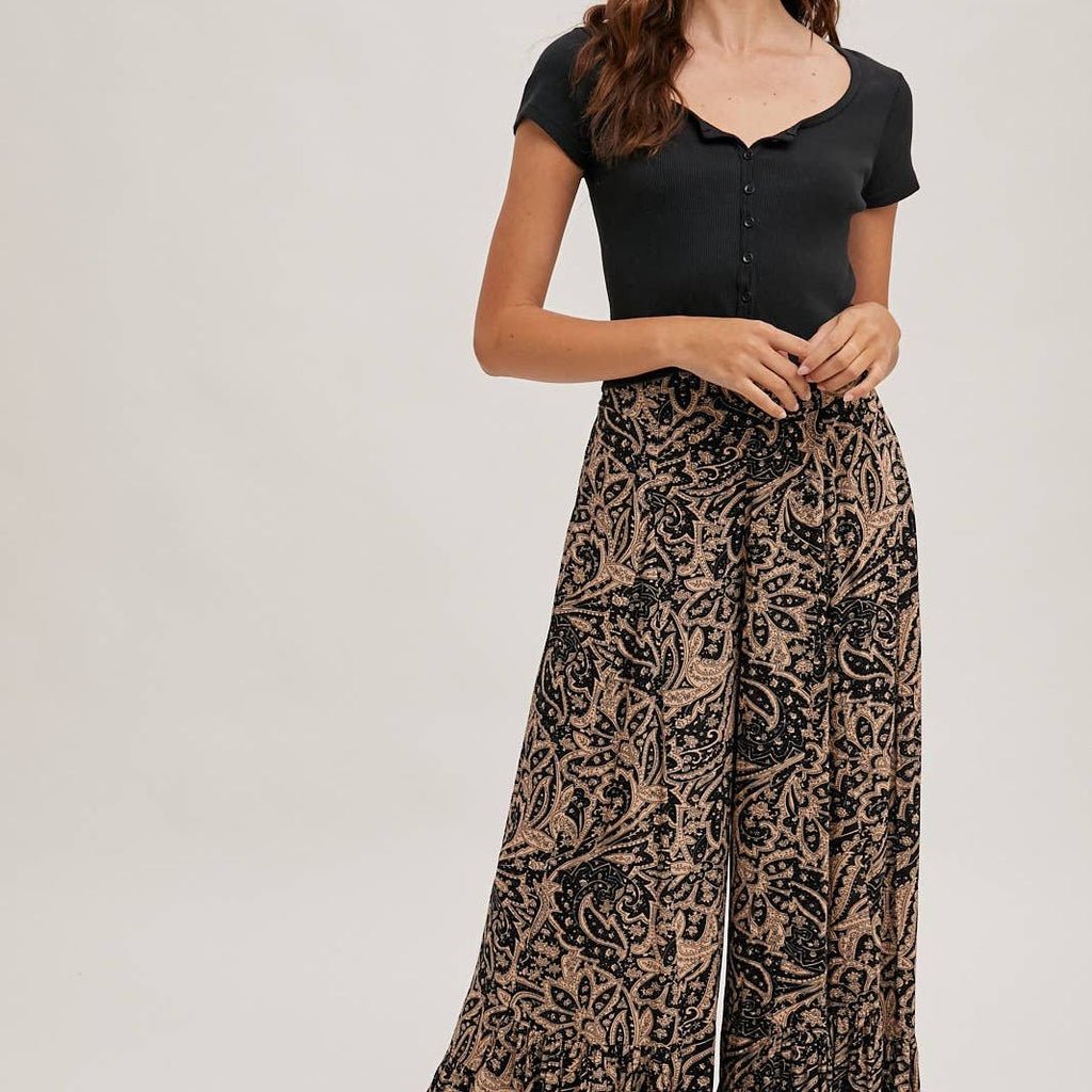 PAISLEY PRINT WIDE RUFFLED PANTS