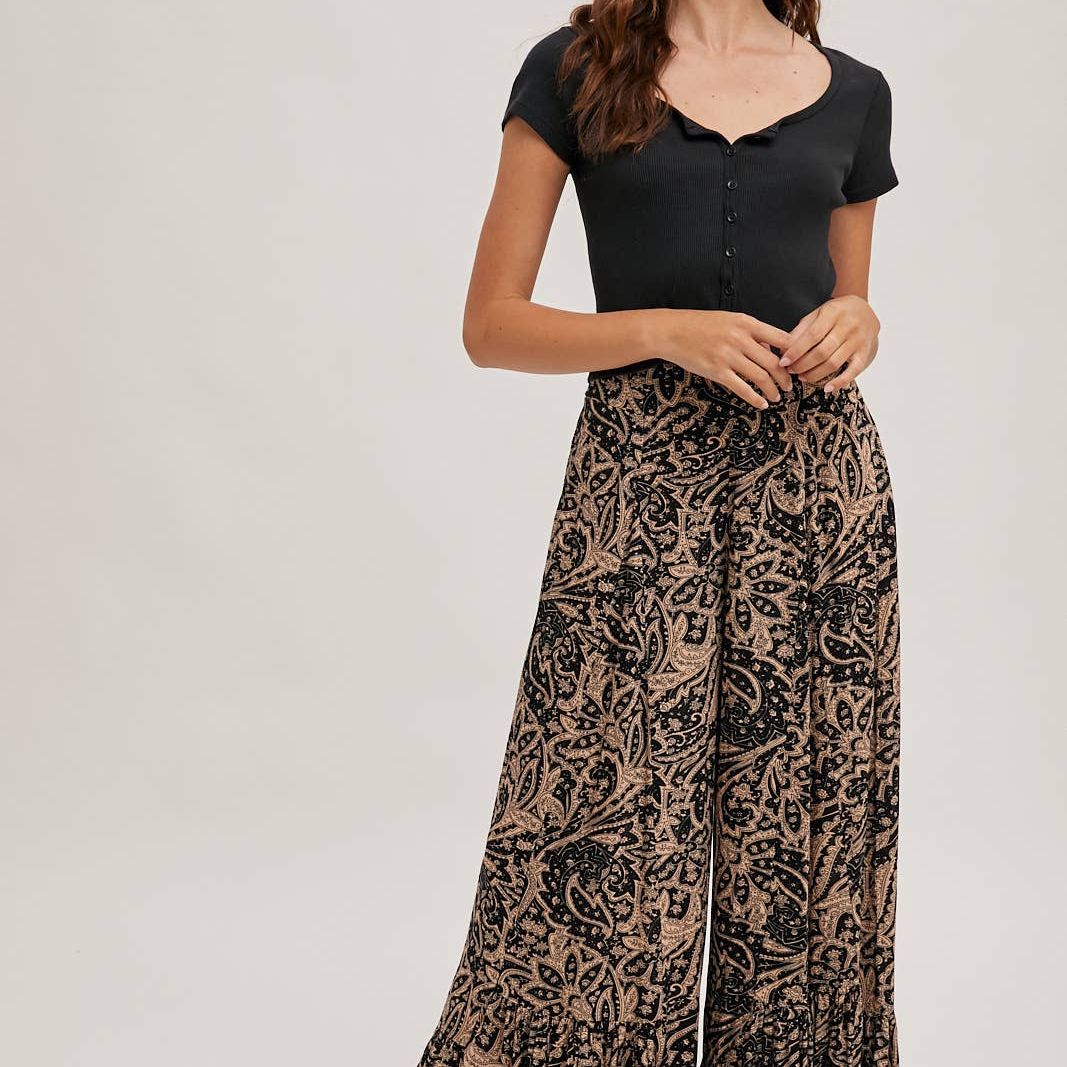 PAISLEY PRINT WIDE RUFFLED PANTS