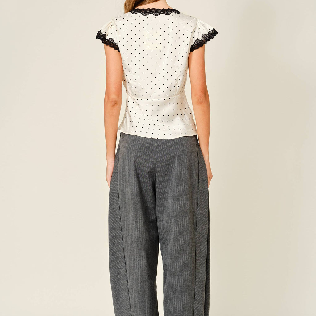 POLKA DOT SATIN LACE V NECK TOP