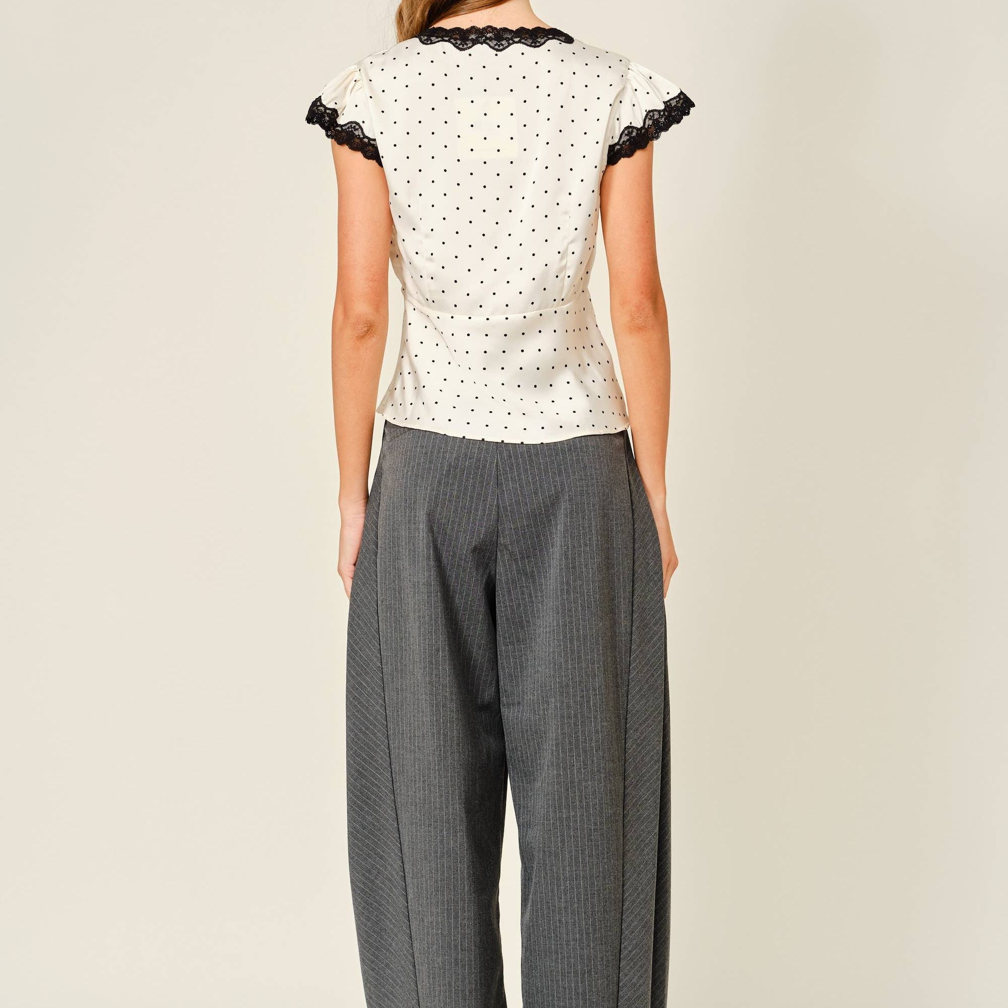 POLKA DOT SATIN LACE V NECK TOP