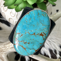 Large oval turquoise stone ring with brown matrix veining on a dark oxidized sterling silver band