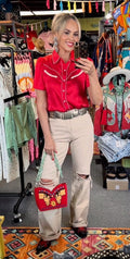 Howdy Hanny Short Sleeve Western Top in Red — full-length look styled with khaki jeans