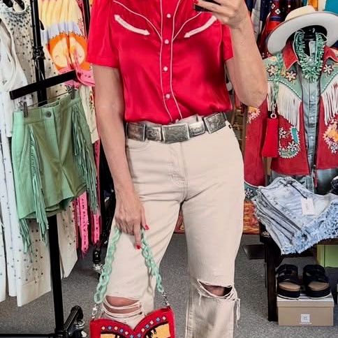 Howdy Hanny Short Sleeve Western Top in Red — full-length look styled with khaki jeans