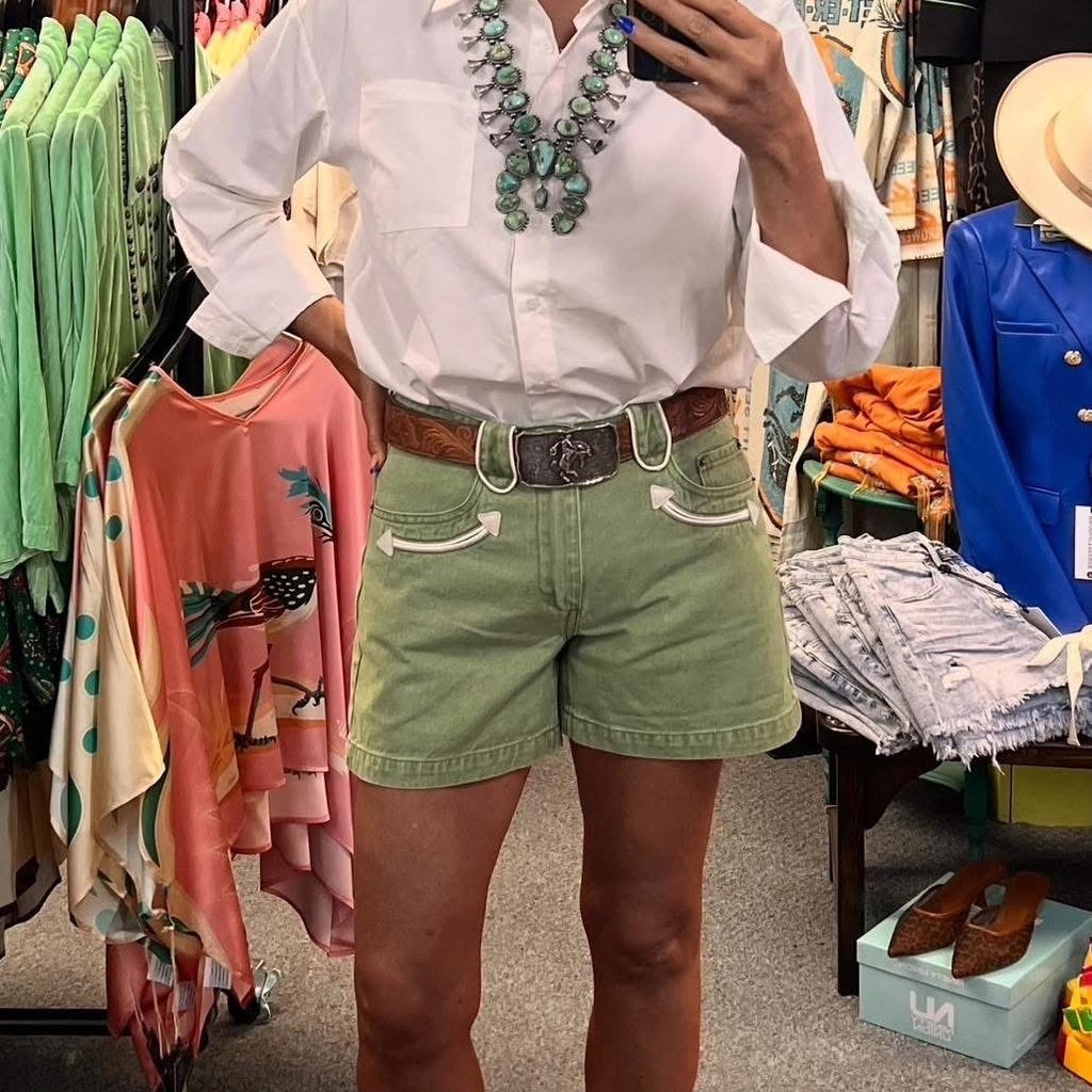 Olive Green Smiley Shorts — full-length look styled with a white western shirt and turquoise