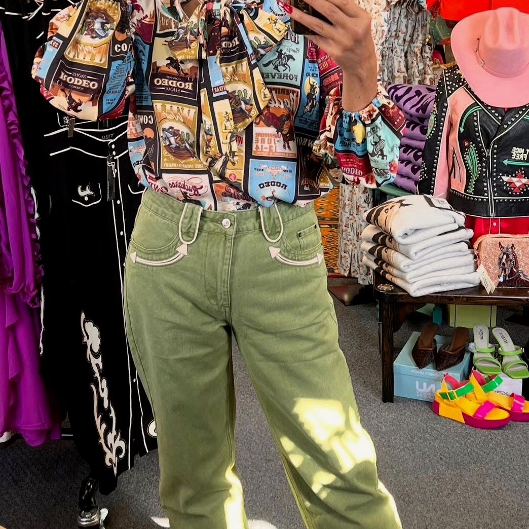 Olive Smiley Jeans — full-length look styled with a western print blouse