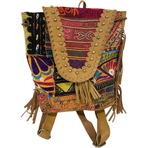 Tan Leather Vintage Fabric Backpack w Fringe